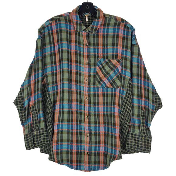 FREE PEOPLE Shirt Womens XS Multicolor Tartan Plaid Casual Button Down Boho - Picture 1 of 9